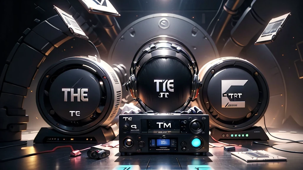 (DTG: 1.8), (DTG letters: 1.8), (Three letters: 1.8), DJ set, Music, cassette, CD Player, Futuristic device for music playing, Music reproducer, Lo-fi, writing, abstract, colorful, high resolution, high quality, neon colors, dark grey background, black grey grdient
