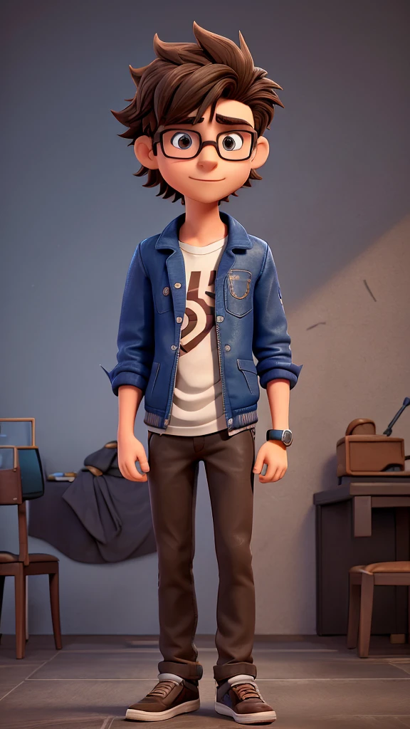 Male Age: 15 years old.Physical Description: Dark, messy hair, wears stylized glasses.Clothing: Likes t-shirts with science prints and a casual leather jacket.Personality: Intelligent, creative, curious and expressive.Interests: Passionate about science, mysteries and psychology.Presentation Style: Speaks clearly and enthusiastically.