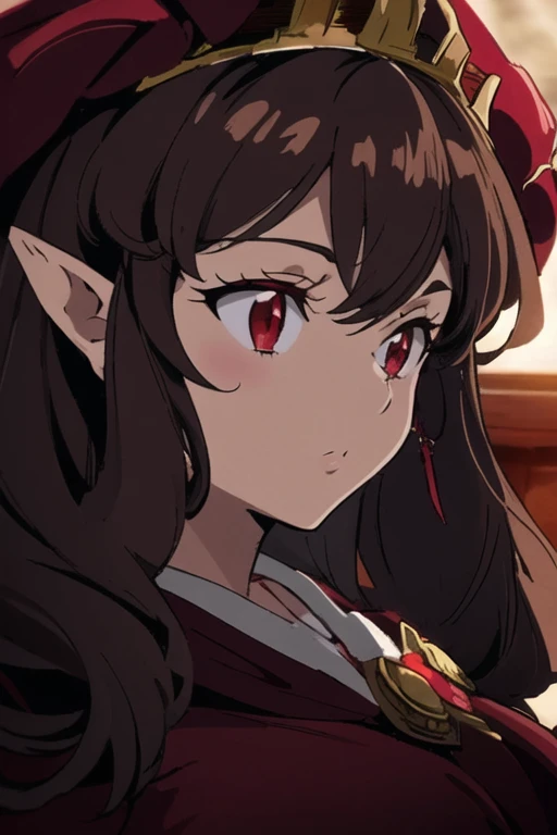 masterpiece, best quality, UHD, (soft lighting:1.1), 1girl, dark brown hair, red eyes, long wavy hair, (slight pointy ears), white oni horns, (horns sticking out of head:0.1), (close up), (solo), (((crimson red royal robe))), red veil, huge chesť, crown, (curvy body), (anime screencap), (style of Seven Deadly Sins), (style of Nanatsu No Taizai), (rich garden background)