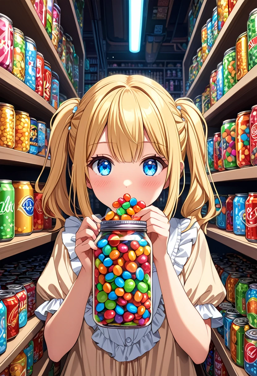 Cute anime girl with blond hair and blue eyes wearing a beige ruffled blouse., holding an open jar of colorful candies in front of your face. Many cans were filled to the top on the shelves behind her., with detailed fantasy background, cute and colorful. This is a digital illustration. sharp focus, very detailed illustration, masterpiece, A high resolution, in octane rendering style, -- AR 3:4 -- niji 6