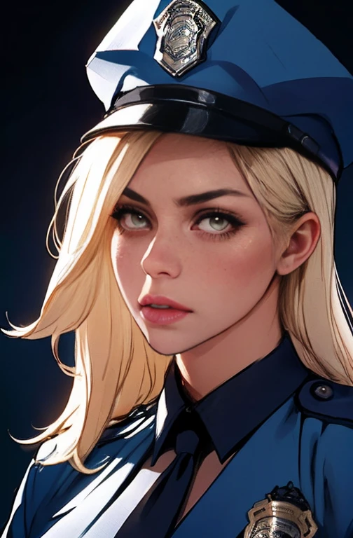 a beautiful girl with long blonde hair in a police officer costume, extremely detailed face and eyes, detailed facial features, detailed skin, flawless skin, beautiful lips, solo portrait, high quality, 8K, ultra-detailed, realistic, photorealistic, photo-realistic, physically-based rendering, sharp focus, vivid colors, intricate details, cinematic lighting, dramatic lighting, dramatic pose, police uniform, hat, badge, dramatic atmosphere, realistic textures, sexy Perfect sensual body large breast and huge thighs, slim belly.