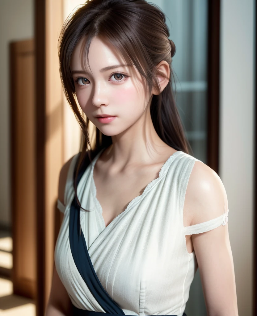 8K, of the highest quality, masutepiece:1.2), (Realistic, Photorealsitic:1.37), of the highest quality, masutepiece, Beautiful young woman, Pensive expression, Gentle look, Cute Maid Clothes, Hair tied back, feeling radiant, Cinematic background,, Light skin tone