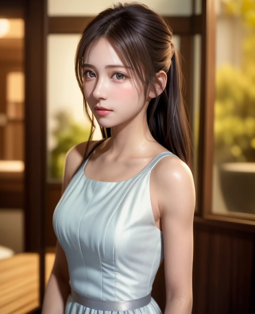 8K, of the highest quality, masutepiece:1.2), (Realistic, Photorealsitic:1.37), of the highest quality, masutepiece, Beautiful young woman, Pensive expression, Gentle look, Cute Maid Clothes, Hair tied back, feeling radiant, Cinematic background,, Light skin tone