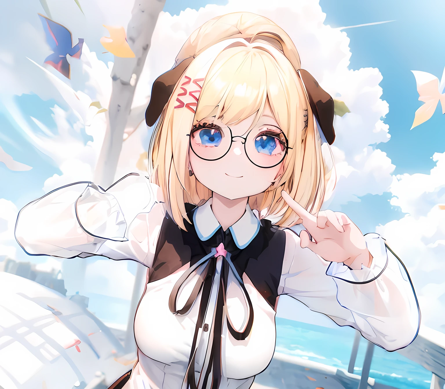 blonde anime girl in a short black skirt and white shirt with blue eyes, wearing round glasses, have a cute brown dog ears, cute smile, look at camera, render of a cute 3d anime girl, anime styled 3d, hanayamata, small curvy , realistic anime 3 d style, 3d anime girl, anime moe artstyle, vrchat, , anime style. 8k, stylized anime, render of april, shikamimi, at a park