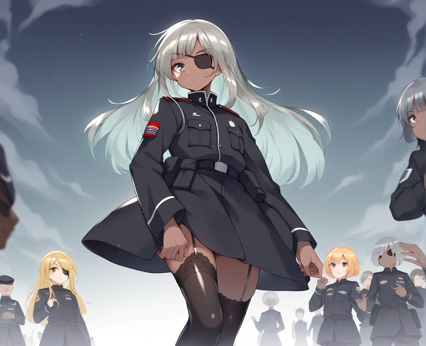 BREAK Perfect Anatomy、(High resolution:1.2)、Incredible illustrations、(Cute illustrations:1.2)(Beautiful background,(nature,crowd))(,from below,dutch angle) 2gial((blonde hair,shiny hair,hair intakes:1.8,long hair)(doyagao)(a girl,, 1.4meters, 35kg),17-year-old,flat chest))((gradient grey hair,shiny hair,hair intakes:1.8,Dark Skin:1.6)(doyagao)(a girl,height 1.7meters, 40kg),,17-year-old)) (Black coat,Gothic combat uniform,,garter straps,eyepatch:1.8) ) Cosplayer surrounded by people