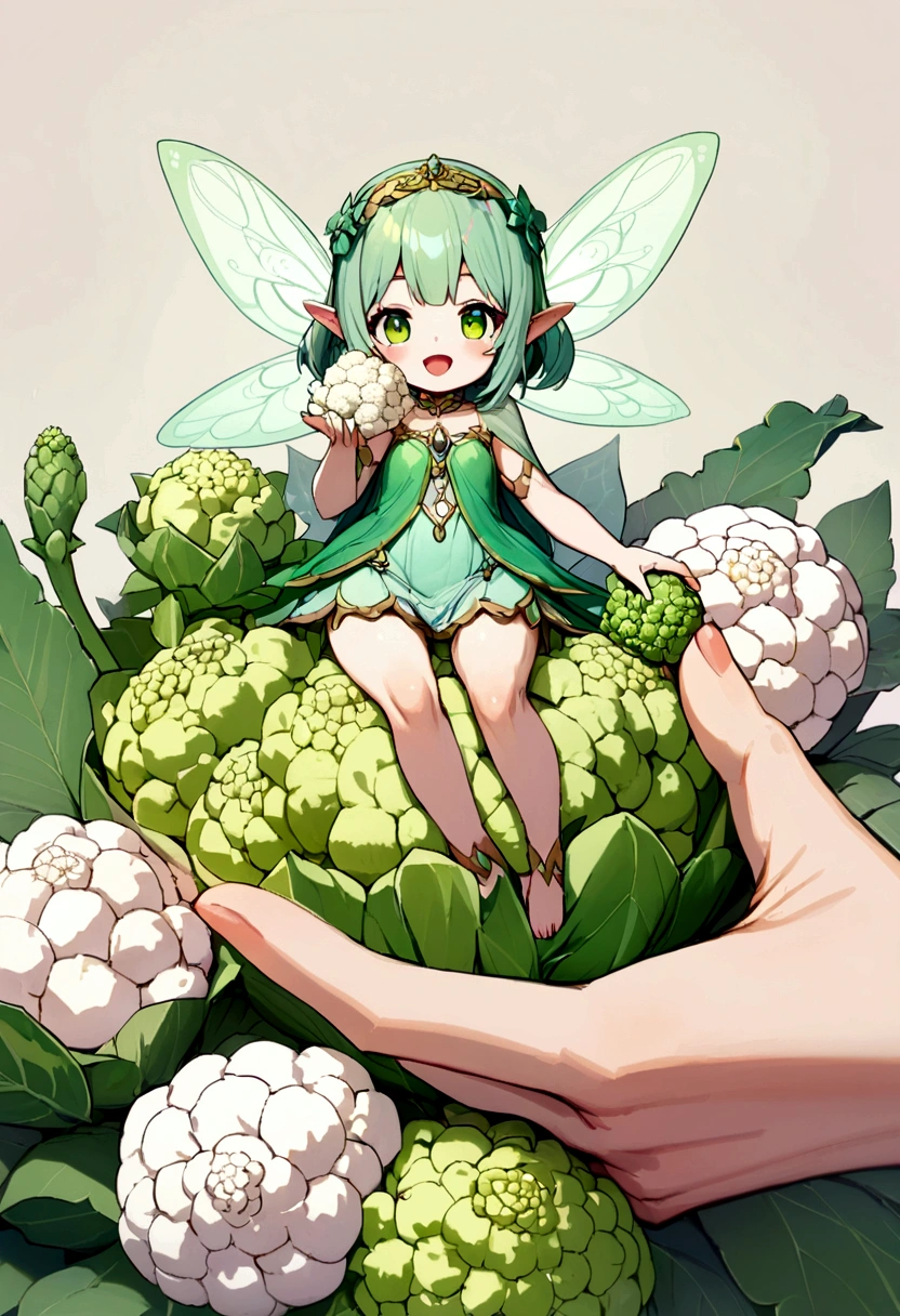 a cute fairy flying over a pile of Cauliflower, holding one Cauliflower on her hand