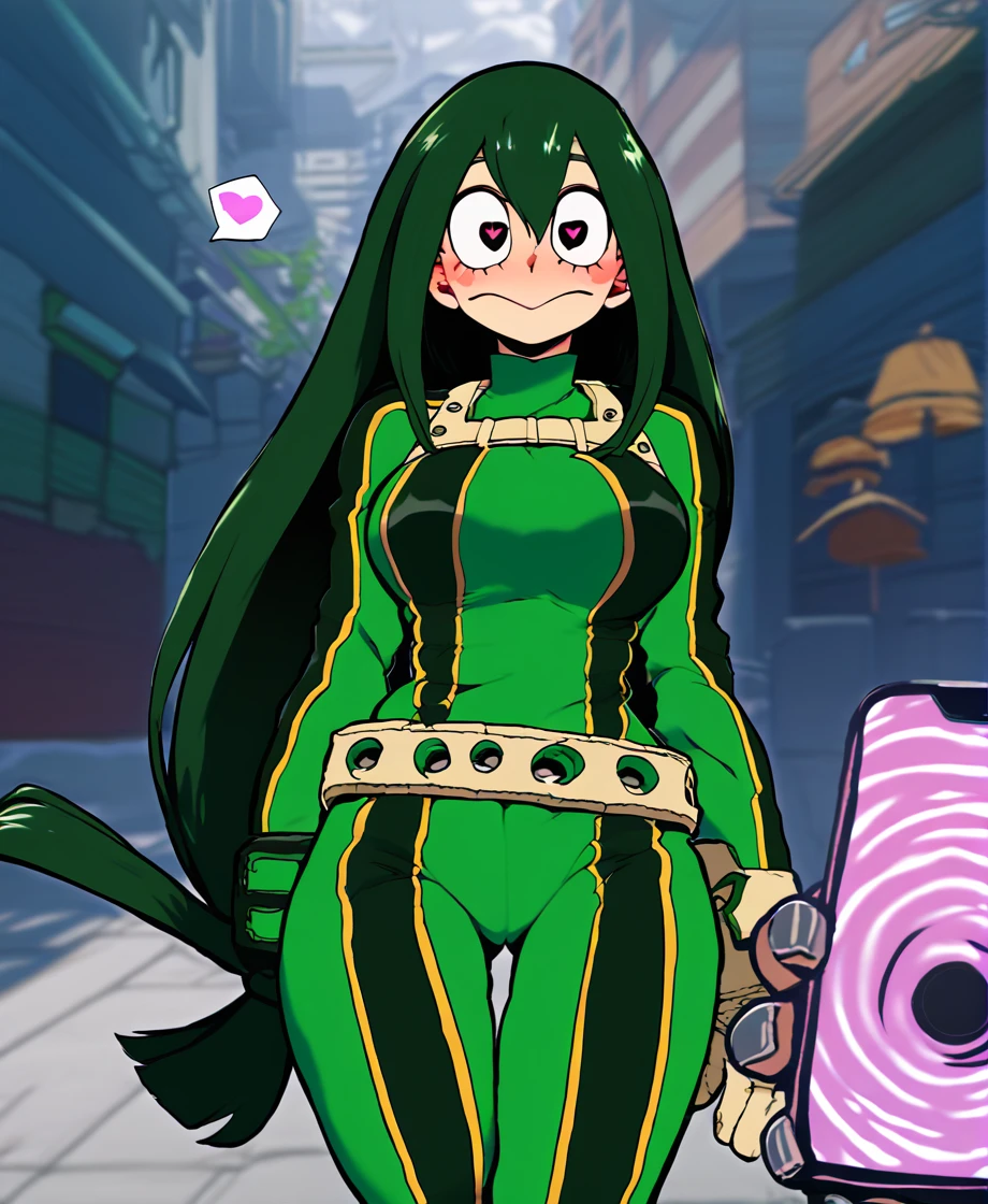 score_9_up, score_8_up, score_7_up, cowboy shot, 1girl, Asui Tsuyu\(boku no hero academia\), green hair, very long hair, low-tied long hair, tied hair, black eyes, wide hips, medium breasts,  uniform, source_anime, anime style, (hypnosis, standing, street at night, heart-shaped pupils, brainwashed, blush, looking at viewer, thigh gap, phone, heart, eye symbol, rating_questionable, pov)