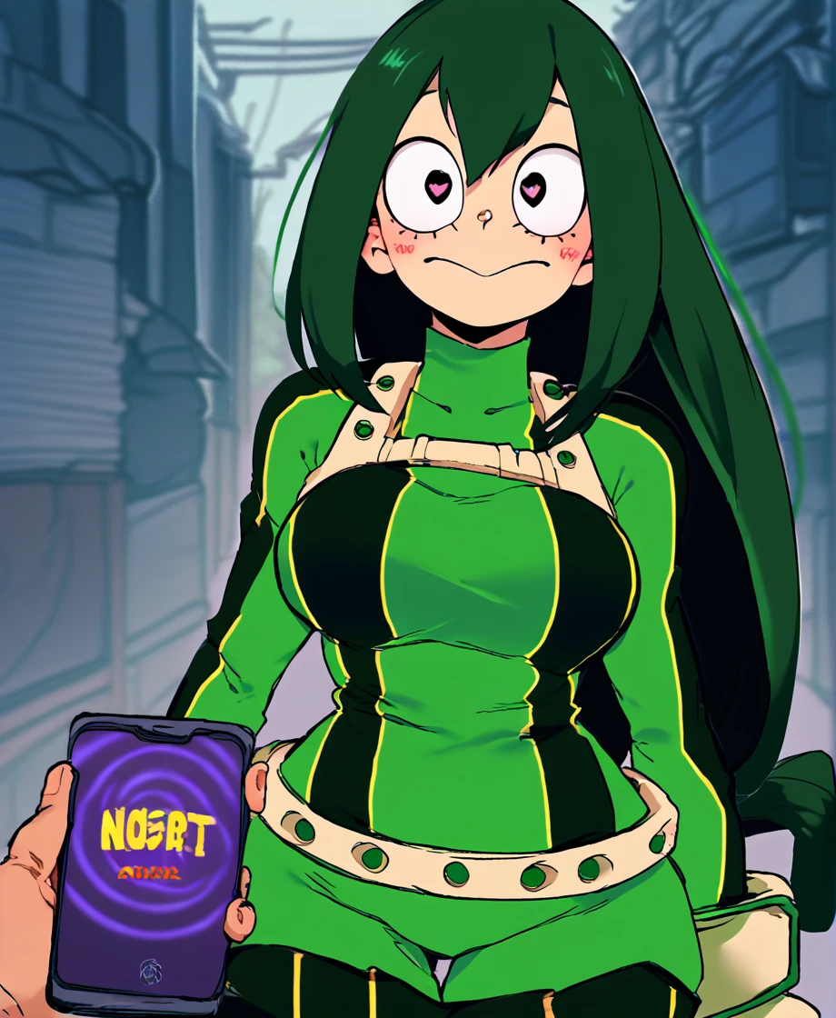 score_9_up, score_8_up, score_7_up, cowboy shot, 1girl, Asui Tsuyu\(boku no hero academia\), green hair, very long hair, low-tied long hair, tied hair, black eyes, wide hips, medium breasts,  uniform, source_anime, anime style, (hypnosis, standing, street at night, heart-shaped pupils, brainwashed, blush, looking at viewer, thigh gap, phone, heart, eye symbol, rating_questionable, pov)