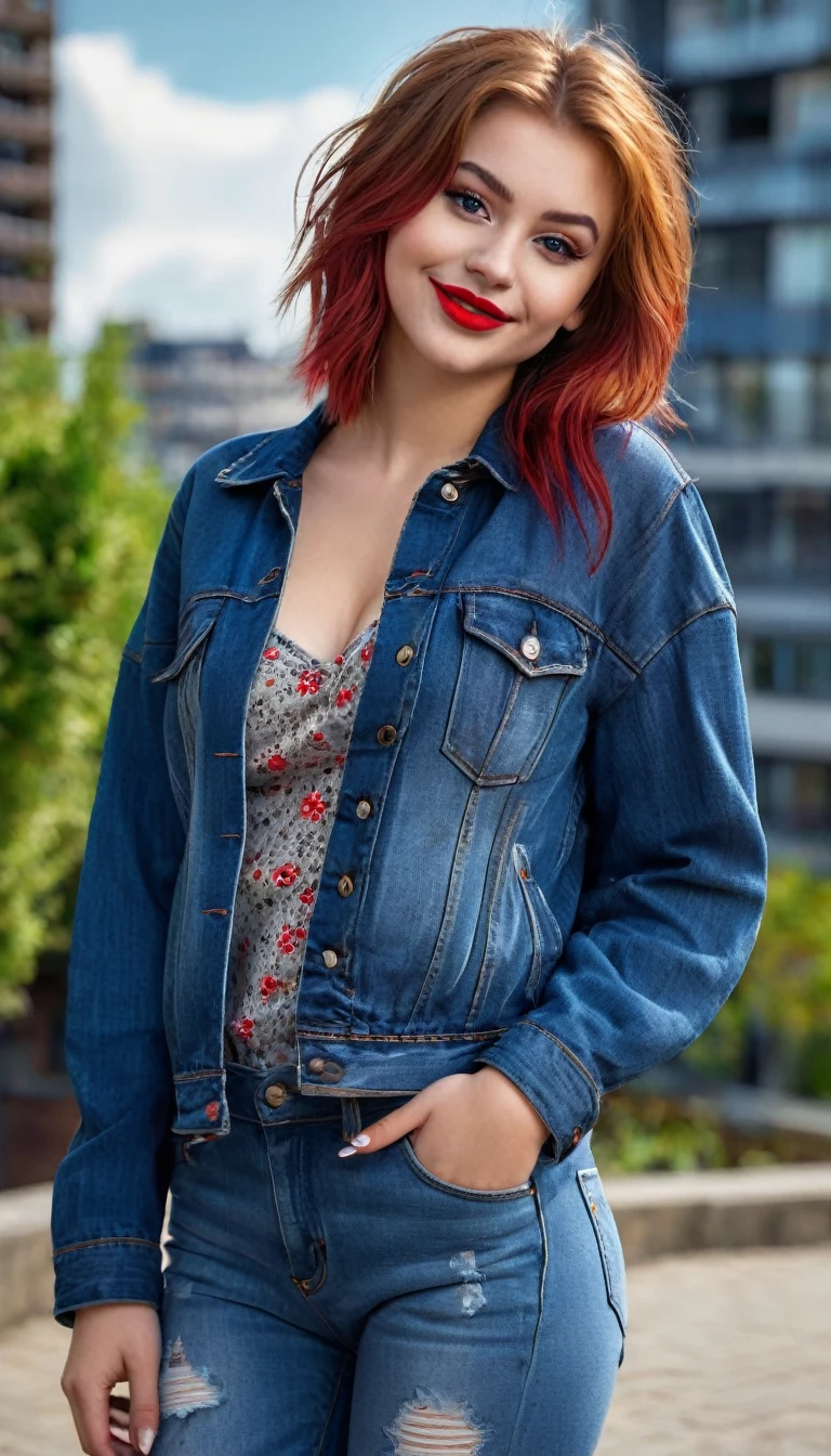ultrarealistic high quality full body photo of a beautiful super busty slim european 19-year-old woman with cute hyperdetailed shy face and redhead shoulder length messy hair and shy smile, realistic round black eyes, red lips, dark eye makeup with eyeliner, tight shirt with satin jacket and denim pants, hourglass body, tanned, outdoor photography