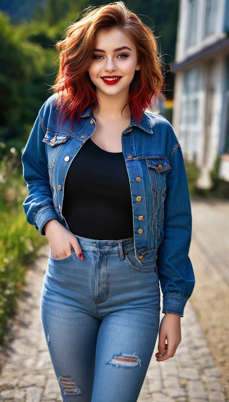 ultrarealistic high quality full body photo of a beautiful super busty slim european 19-year-old woman with cute hyperdetailed shy face and redhead shoulder length messy hair and shy smile, realistic round black eyes, red lips, dark eye makeup with eyeliner, tight shirt with satin jacket and denim pants, hourglass body, tanned, outdoor photography