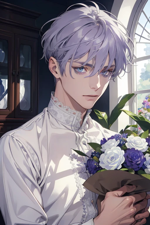 1 man, Realistic, master-piece, bestquality, Beautiful, detailed eyes and detailed faces.,natural light, European retro, White shirt, lace, Long grey purple hair, blue grey eyes, 31 years, attractive, depressed, Decorative flowers, sunbeam, 31 years.