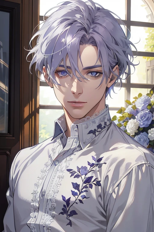 1 man, Realistic, master-piece, bestquality, Beautiful, detailed eyes and detailed faces.,natural light, European retro, White shirt, lace, Long grey purple hair, blue grey eyes, 31 years, attractive, depressed, Decorative flowers, sunbeam, 31 years.