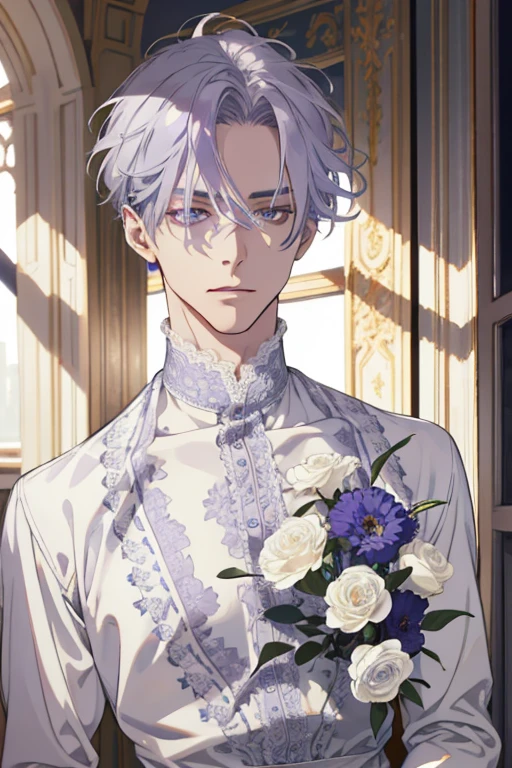 1 man, Realistic, master-piece, bestquality, Beautiful, detailed eyes and detailed faces.,natural light, European retro, White shirt, lace, Long grey purple hair, blue grey eyes, 31 years, attractive, depressed, Decorative flowers, sunbeam, 31 years.