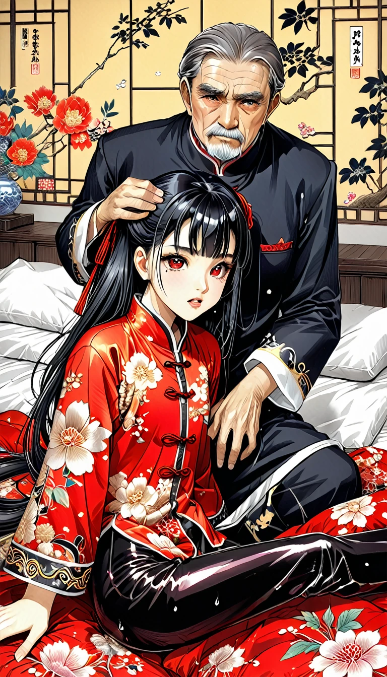 A tragic historical drama in 8k live-action style: Beautiful palace secrets Beautiful 10 year old Chinese Kung Fu girl with long black hair has very rough unwanted sex with old man emperor Gorgeous embroidery, Ultra glossy, She is wearing a shiny red top and bottom long sleeve floral pajama kung fu suit.... She was laid down on a floral futon、When the penis is inserted, she cries and resists.。. She spreads her legs wide and poops from her anus、Filth、A large amount of poop drips out