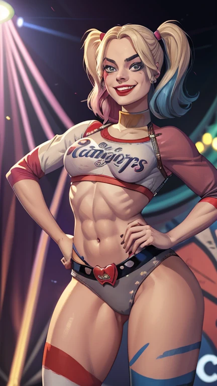 Margot Robbie, Harley Quinn, face paint, beautiful face, young girl face, bluish grey eyes, slim s athletic body, toned abs, small breasts A cup, toned thighs, cameltoe, big round ass, Harley Quinn outfit, head to toe, circus show in background, cartoon art style; huge grin on her face, topless