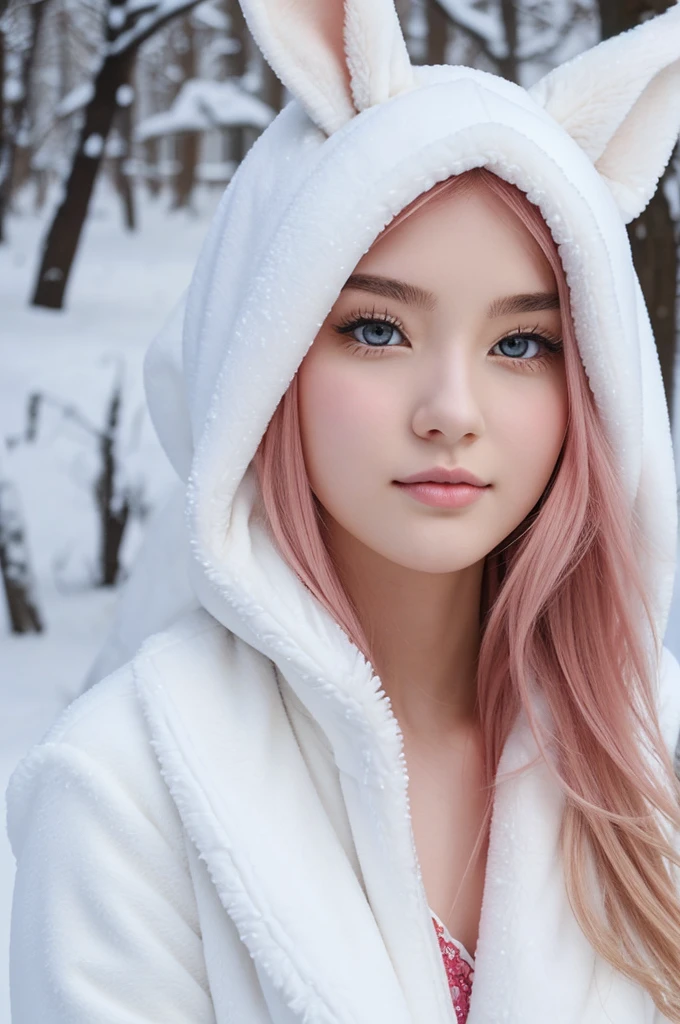 anime style woman in her twenties, her eyes were red like rubies, He had a nice round face and big bright eyes.. Her lips were lush. He was wearing a white fur coat, just wrapped around your chest and lower body, a large part of his snow-white skin was exposed. His ears were like rabbit ears, her eyes were red like rubies, his nose was small and delicate, had an extremely cute appearance