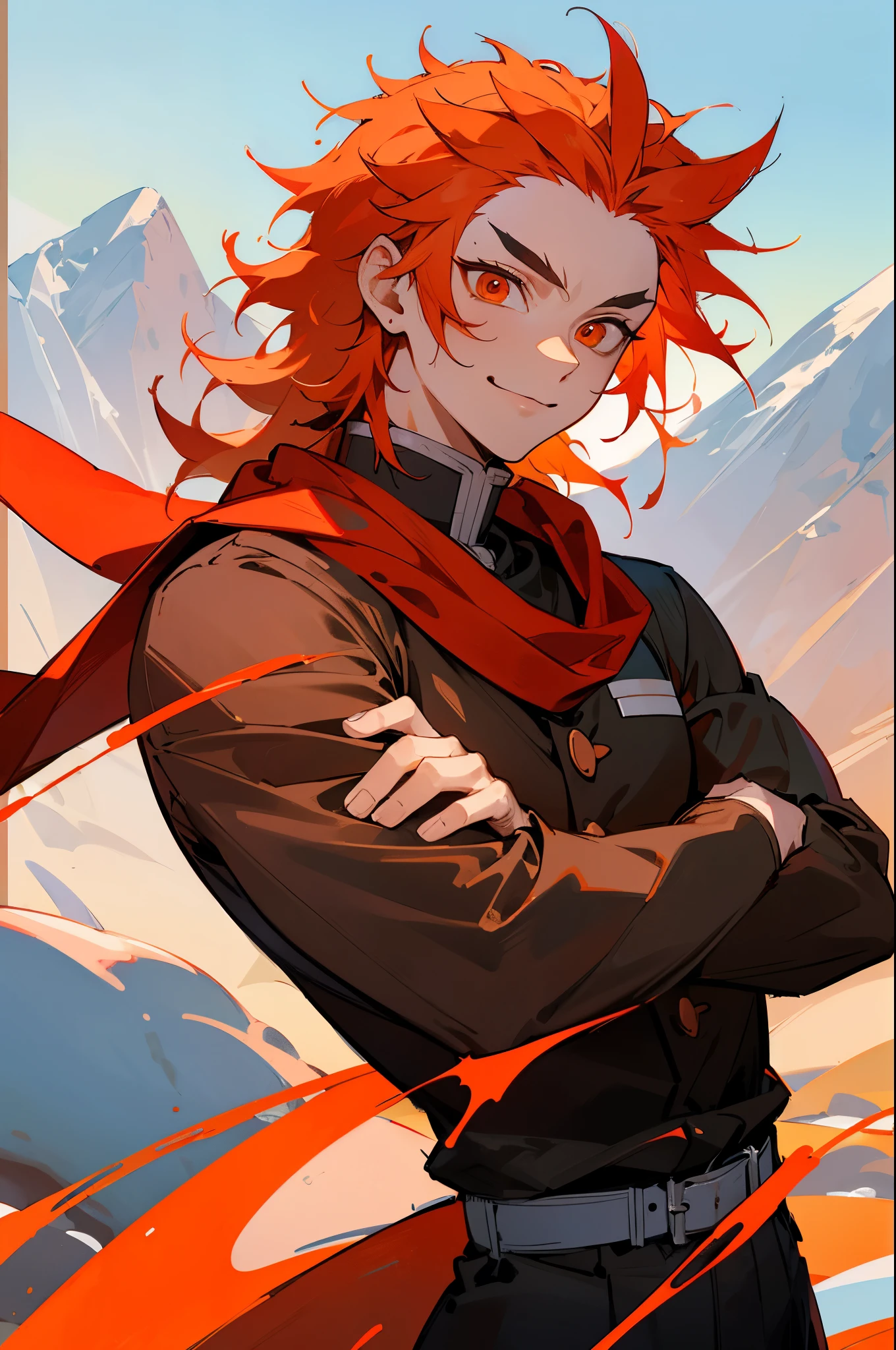 (orange hair, red tatooed arm, long spiky messy hair, red and black demon slayer clothing, red scarf, orange eyes, 1male, snowy mountain background), (best quality, 4k, 8k, highres, masterpiece:1.2), ultra-detailed, HDR, studio lighting, vivid colors, bokeh, portraits, red color palette, natural daylight, smiling, demon slayer outfit, blade on hip, upper body, mature male, muscular, smiling,