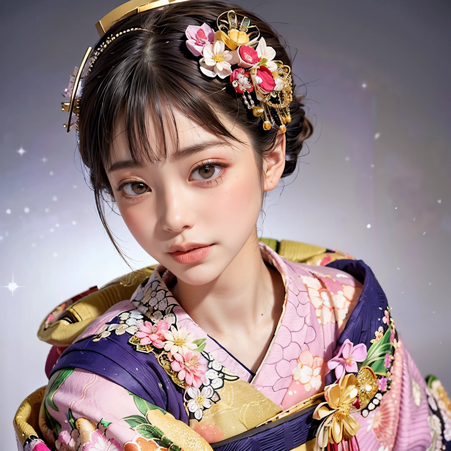 (PUNIPUNI clavicle KIMONO offshoulder KANZASHI flower Hairpin TwinBun Oiran-Hair)High-level, 8K Masterpiece TopQuality, Ultra-detailed CG, Absurd detailed wallpaper, PerfectLighting, Extremely detailed (((Personifying " OIRAN " as a KAWAII Girl))), Characteristic Items, aesthetic LifeLike Rendering, MysticSight, Haze Tyndall Scattering, (Studio GRAY Background with (Oodles Dazzling Iridescent Particles (BokeH))), (((Assfocus)) RoundlyButt) ThighGap, (Exposed:0.44) 🔞 BREAK (Acutance:0.8), (NOGIZAKA FaceVariations) Extremely Detailed very KAWAII FaceVariations, Childish CaptivatingGaze ElaboratePupils Detailed Eyes with (SparklingHighlights:1.28), (Voluminous LongEyelashes:0.88)、Glossy RedLips with beautiful details, CoquettishTongue, PUNIPUNI RosyCheeks, Radiant PearlSkin with Transparency, Glowing DowneyHair . { (Dynamic LifeLike expressions:1.4) | (:d) }, (large eyes:-1) .