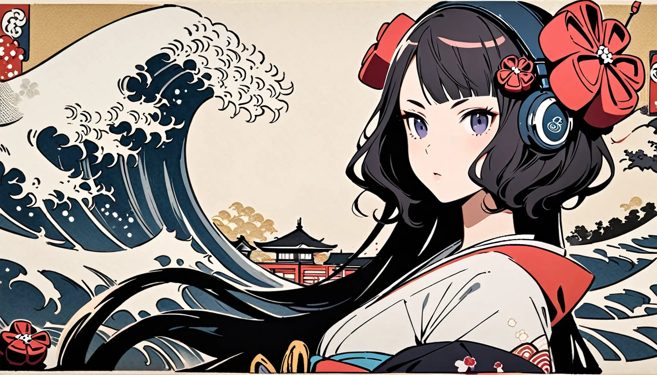 (((Highest quality))), (((Katsushika Hokusai))), (((Ink Painting))), ((very straight longhair)), ((1 girl)), ((sunglasses)), ((beautiful girl)), Japanese style headphones, Black Hair, Delicate and precise, Modern ukiyo-e style