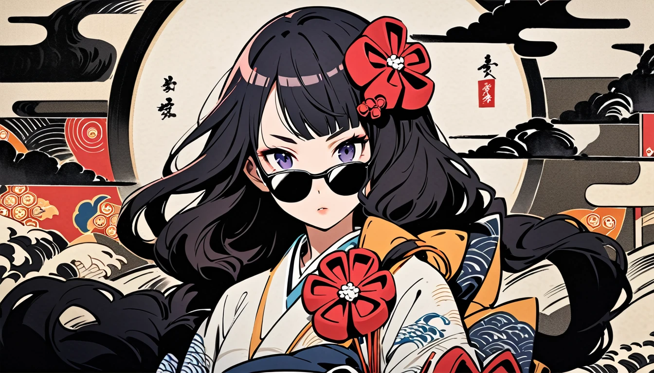 (((Highest quality))), (((Katsushika Hokusai))), (((Ink Painting))), ((very straight longhair)), ((1 girl)), ((sunglasses)), ((beautiful girl)), Japanese style headphones, Black Hair, Delicate and precise, Modern ukiyo-e style