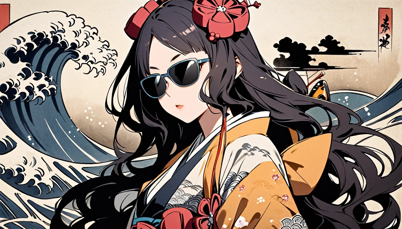 (((Highest quality))), (((Katsushika Hokusai))), (((Ink Painting))), ((very straight longhair)), ((1 girl)), ((sunglasses)), ((beautiful girl)), Japanese style headphones, Black Hair, Delicate and precise, Modern ukiyo-e style