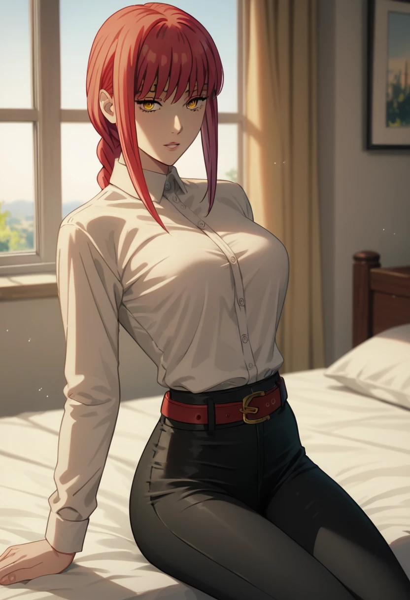 score_9_up, score_8_up, score_7_up, 1girl, solo, mature female, ((Makima)), ((red braided hair)), yellow eyes, pink lips, parted lips, fit slim body,(((perfect erected medium breast))) (((white shirt, black tight pants, belt))), (((highly detailed bedroom, window, bed))), perfect fit model body, wide hips, seductive pose