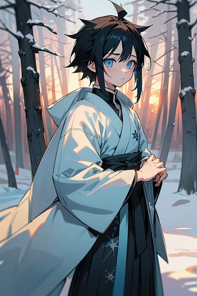 the anime, (Best Quality), 1guy, stands still, (Wide body), (Snow-covered forest with sunset), ((messy black hair)), (ultra short hair), ((Impassive blue eyes)), japanese clothes, Open blue coat ((blue with snowflake patterns)), ((hem at the waist)), The Art of the Demon Slayer, demon slayer artstyle, kimetsu no yaiba