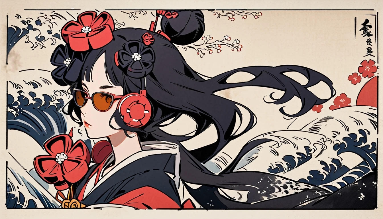 (((Highest quality))), (((Katsushika Hokusai))), (((Ink Painting))), ((very straight longhair)), ((1 girl)), ((sunglasses)), ((beautiful girl)), Japanese style headphones, Black Hair, Delicate and precise, Modern ukiyo-e style
