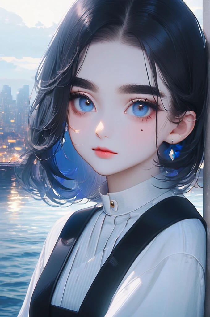 ((Лучшее качество)), ((шедевр)), (подробный), girl, bright crystal blue eyes, (bright crystal blue eyes:1,9), thin black eyebrows, voluminous black eyelashes, thin black eyeliner, thin neck, white square, mole under the eye, pink lips, white shirt, suspenders, city background on the ocean background, (portrait:1,9)