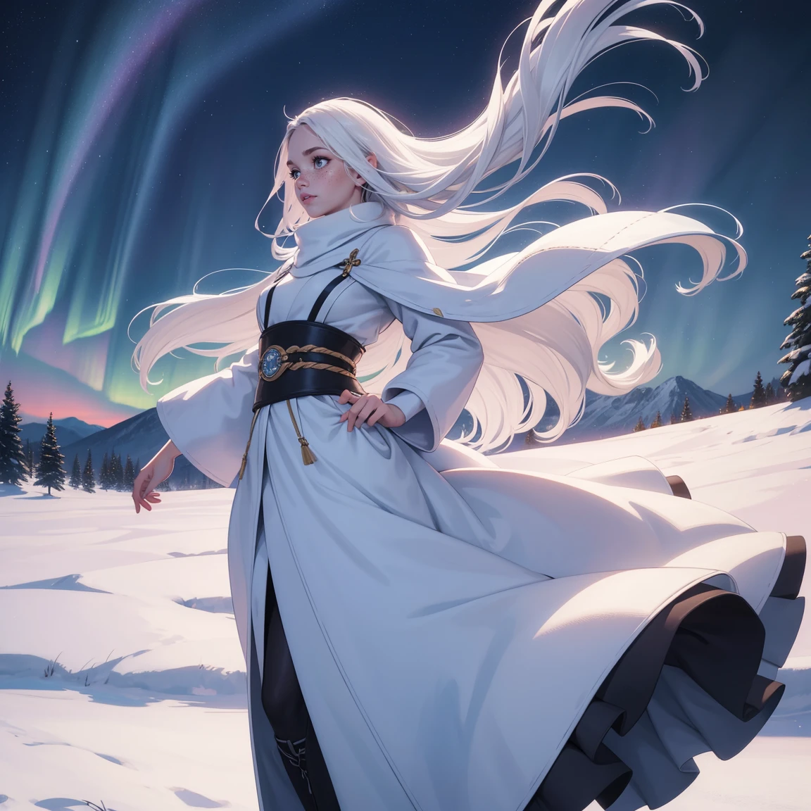 This image is、Depicts a beautiful young Albina woman。. She is wearing winter clothes. The background is the flickering aurora at night.. (slim:1.4), Her long platinum white hair is blowing in the wind、The girl is actively changing her pose、