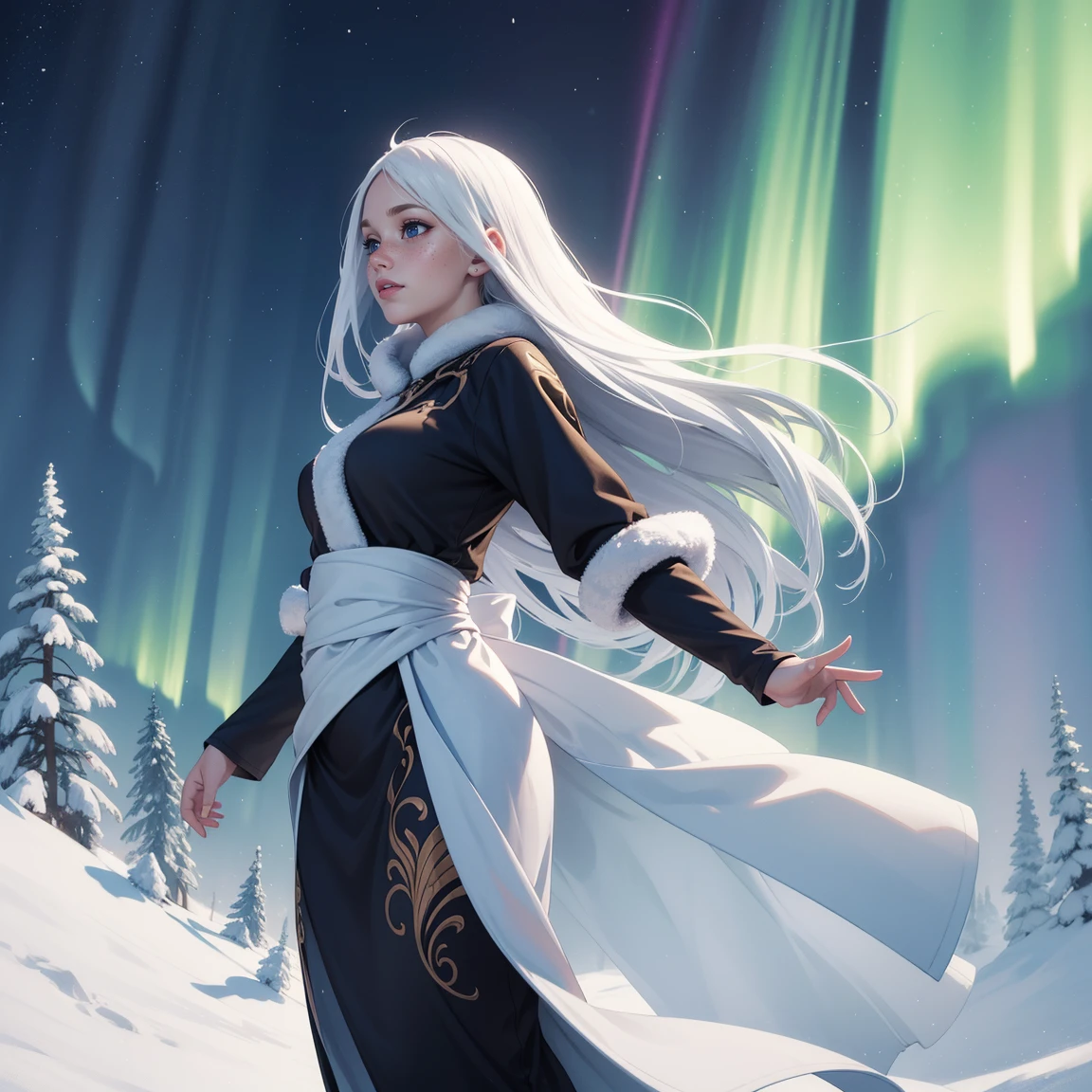 This image is、Depicts a beautiful young Albina woman。. She is wearing winter clothes. The background is the flickering aurora at night.. (slim:1.4), Her long platinum white hair is blowing in the wind、The girl is actively changing her pose、