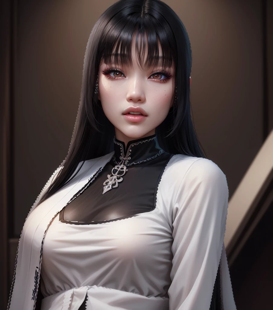 AVATAR SECOND LIFE Korean girl wearing white blouse, Asian, long black hair, Bblack hair,, Perfect and detailed face, imvu, maximalist details, AVATAR SECOND LIFE Korean blusa , neon,