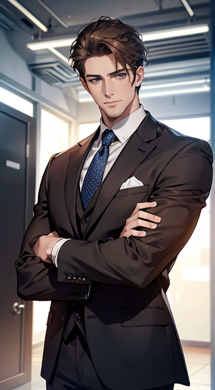 (best quality,4k,8k,highres,masterpiece:1.2),ultra-detailed,(realistic,photorealistic,photo-realistic:1.37),1 man,31 years old,mature man,very handsome,without expression,smile,short grey brown hair,blue eyes,penetrating gaze,perfect face without errors,imposing posture,businessman,office background,cinematic lighting,hdr image