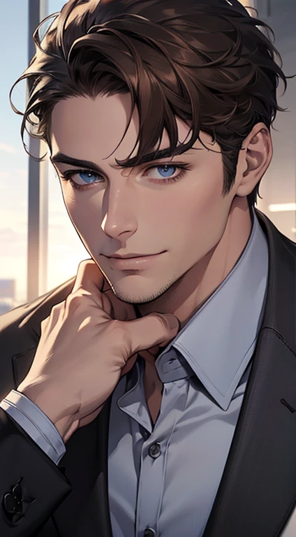 (best quality,4k,8k,highres,masterpiece:1.2),ultra-detailed,(realistic,photorealistic,photo-realistic:1.37),1 man,31 years old,mature man,very handsome,without expression,smile,short grey brown hair,blue eyes,penetrating gaze,perfect face without errors,imposing posture,businessman,office background,cinematic lighting,hdr image