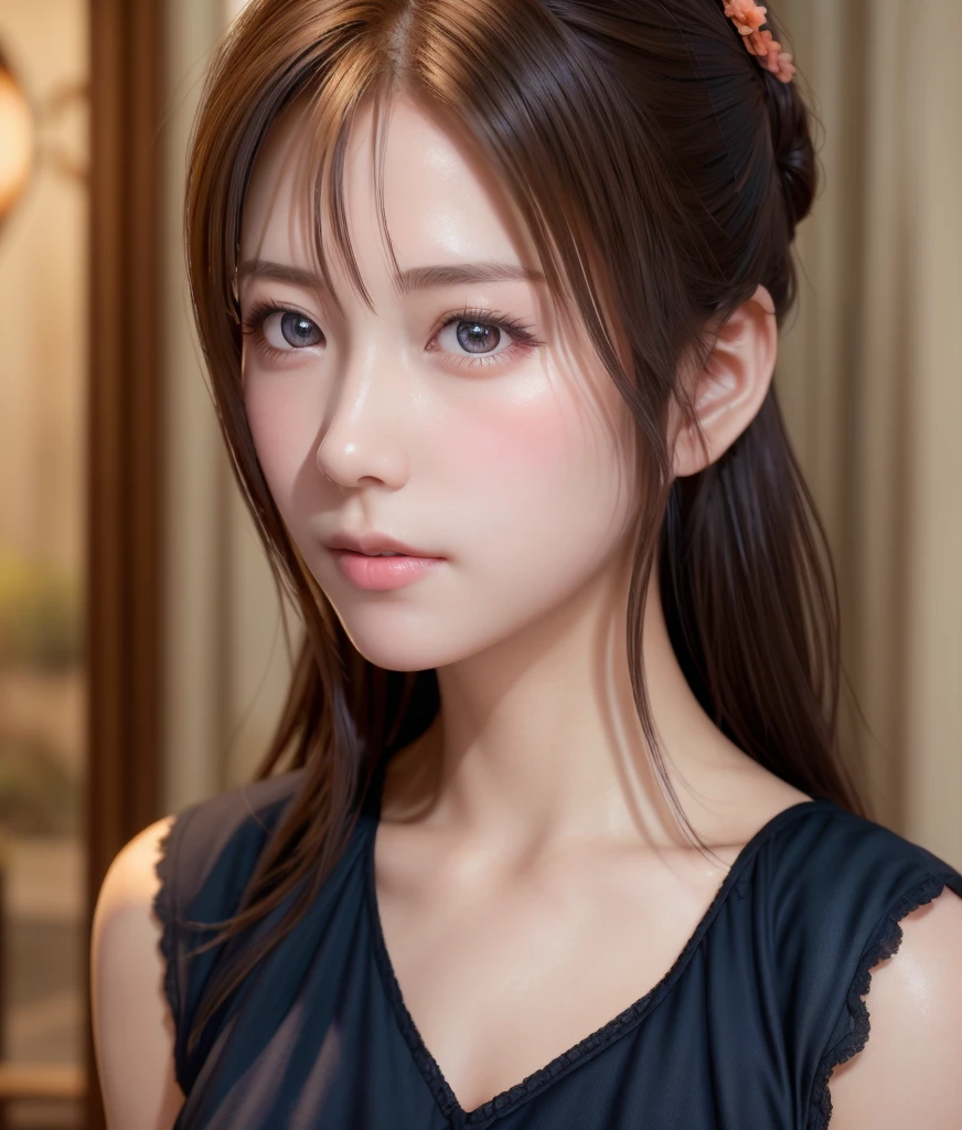 8K, of the highest quality, masutepiece:1.2), (Realistic, Photorealsitic:1.37), of the highest quality, masutepiece, Beautiful young woman, Pensive expression, Gentle look, Cute Maid Clothes, Hair tied back, feeling radiant, Cinematic background,, Light skin tone