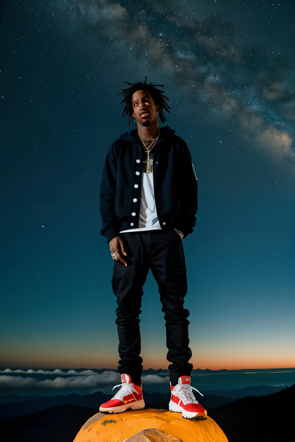 travis scott on the top off the world with j cole on his hand
