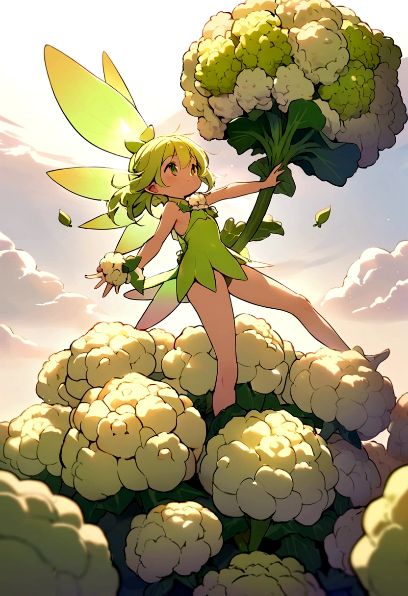 a cute fairy flying over a pile of Cauliflower, holding one Cauliflower on her hand