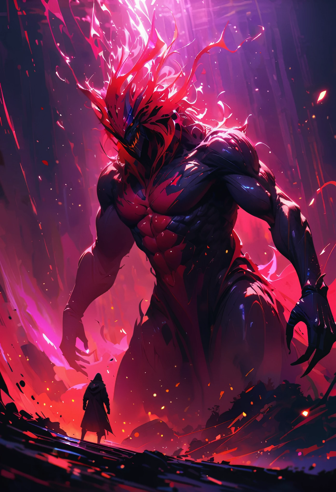 A monstrous creature lurking in the deep darkness, with its abominable presence emphasized by the (best quality, 4k, ultra-detailed, realistic, vivid colors, bokeh). The creature is enveloped in an eerie atmosphere, where the interaction of light and shadows adds to the sense of mystery and suspense. The scene is filled with floating particles, enhancing the otherworldly nature of the environment.