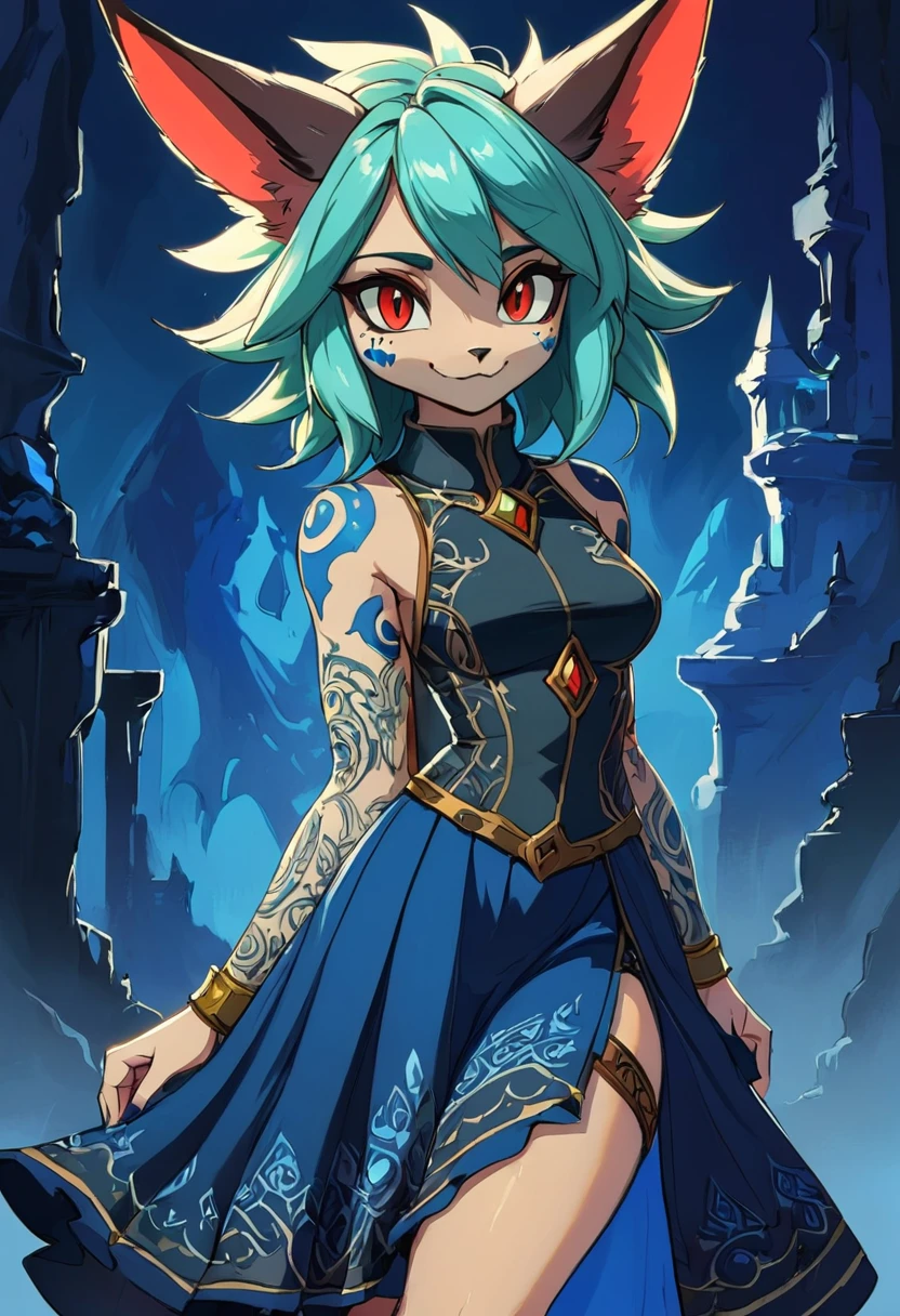 Create an illustrated, hand-drawn, full-color masterpiece with warm lighting and shadows. Incorporate graphite shading, stencil marks, and airbrushed acrylic paint in the style of "Breath of the Wild." The image should feature a beautiful goblin woman with a humanoid, furry appearance and large ears shaped like those of an elephant. She has red skin, bright eyes, luscious thick fleshy lips, and a wide smile. Depict her with a perfect, symmetrical face and a curvy hourglass figure with . Her face, neck, and arms are covered in intricate blue tattoos, adding a mythic beauty to her. She is wearing a long, flowing, lacey dress with a high neck and long billowing skirts. The background should be detailed and sharp, adding to the overall high-resolution, best quality, and detailed art piece.