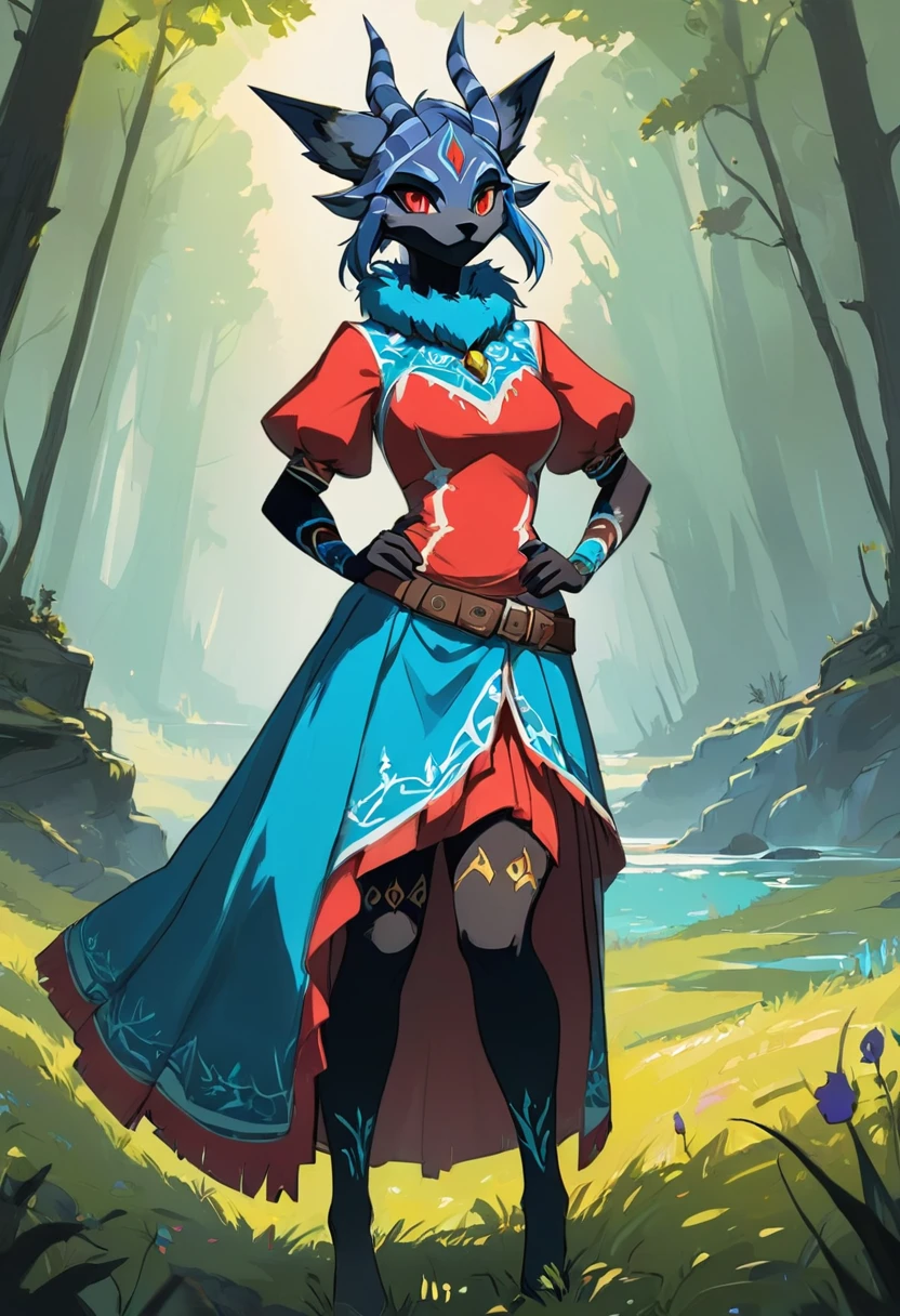 Create an illustrated, hand-drawn, full-color masterpiece with warm lighting and shadows. Incorporate graphite shading, stencil marks, and airbrushed acrylic paint in the style of "Breath of the Wild." The image should feature a beautiful goblin woman with a humanoid, furry appearance and large ears shaped like those of an elephant. She has red skin, bright eyes, luscious thick fleshy lips, and a wide smile. Depict her with a perfect, symmetrical face and a curvy hourglass figure with . Her face, neck, and arms are covered in intricate blue tattoos, adding a mythic beauty to her. She is wearing a long, flowing, lacey dress with a high neck and long billowing skirts. The background should be detailed and sharp, adding to the overall high-resolution, best quality, and detailed art piece. 