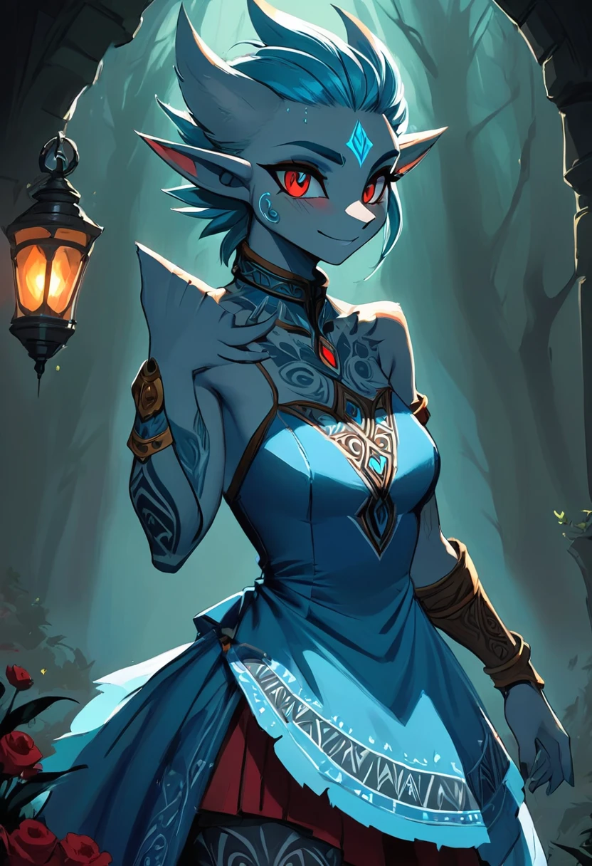 Create an illustrated, hand-drawn, full-color masterpiece with warm lighting and shadows. Incorporate graphite shading, stencil marks, and airbrushed acrylic paint in the style of "Breath of the Wild." The image should feature a beautiful goblin woman with a humanoid, furry appearance and large ears shaped like those of an elephant. She has red skin, bright eyes, luscious thick fleshy lips, and a wide smile. Depict her with a perfect, symmetrical face and a curvy hourglass figure with . Her face, neck, and arms are covered in intricate blue tattoos, adding a mythic beauty to her. She is wearing a long, flowing, lacey dress with a high neck and long billowing skirts. The background should be detailed and sharp, adding to the overall high-resolution, best quality, and detailed art piece.