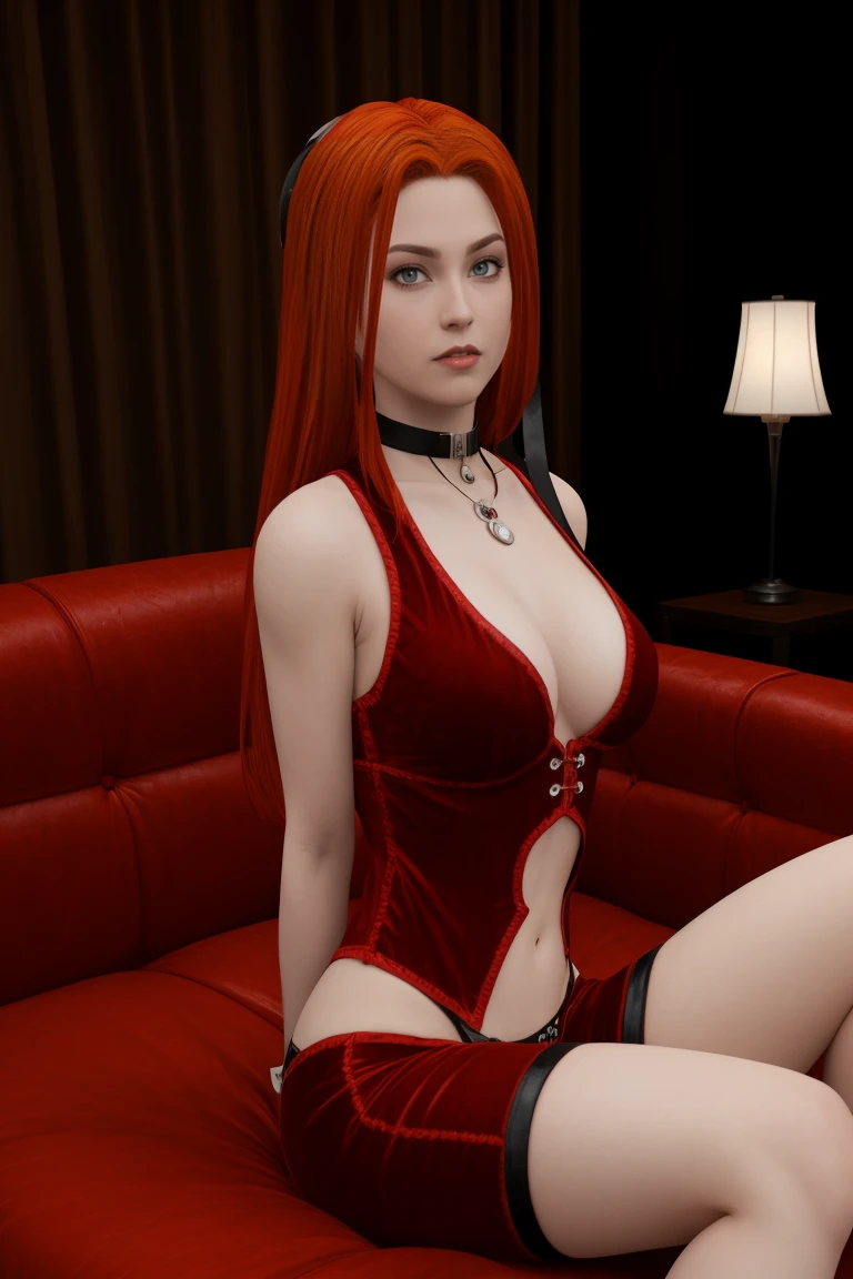 A sultry redhead Webcam model reclines on her plush sofa, surrounded by a cozy atmosphere. She's dressed in a revealing outfit, her fiery locks cascading down her back as she lounges comfortably, with a keyboard and mouse nearby. The soft glow of the lamp illuminates her intimate setup, casting a warm ambiance. rayneclassic