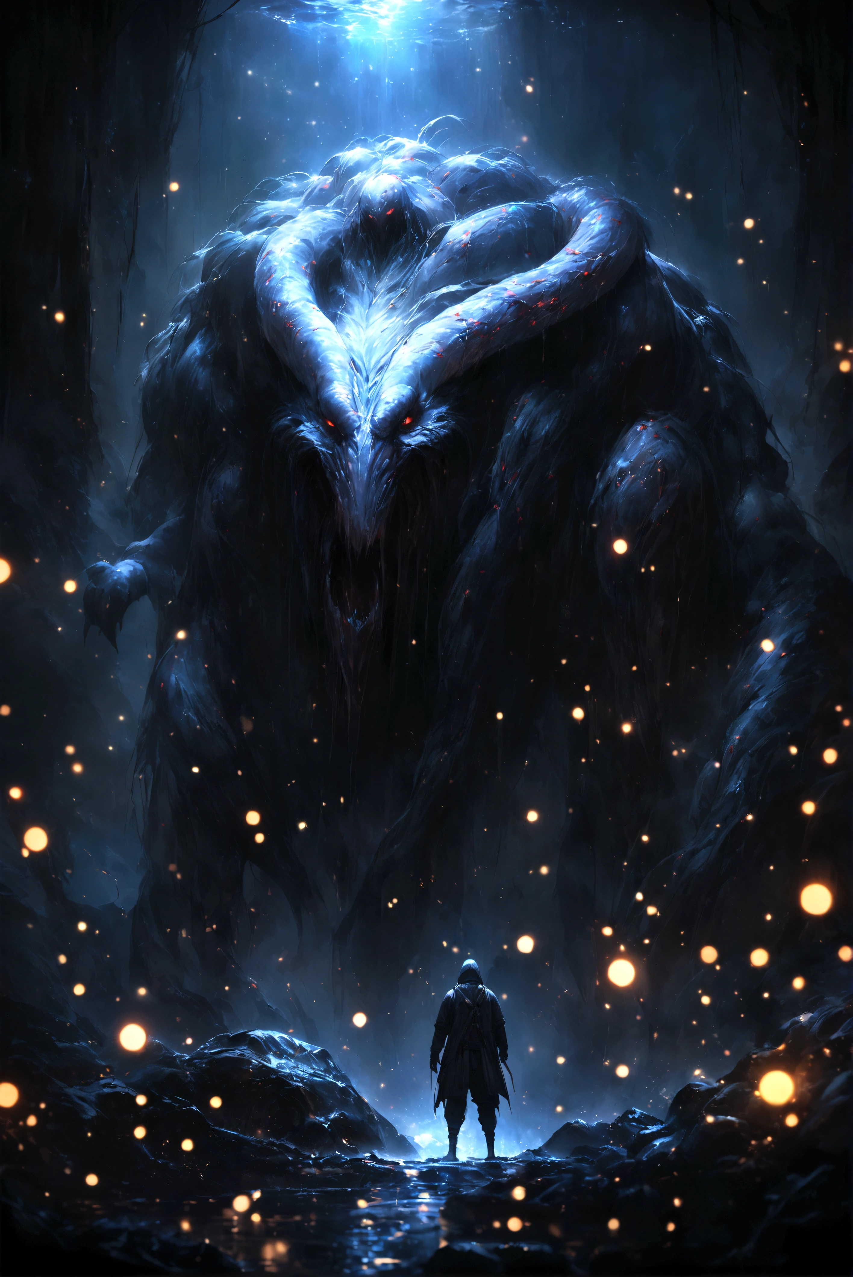 A monstrous creature lurking in the deep darkness, with its abominable presence emphasized by the (best quality, 4k, ultra-detailed, realistic, vivid colors, bokeh). The creature is enveloped in an eerie atmosphere, where the interaction of light and shadows adds to the sense of mystery and suspense. The scene is filled with floating particles, enhancing the otherworldly nature of the environment.