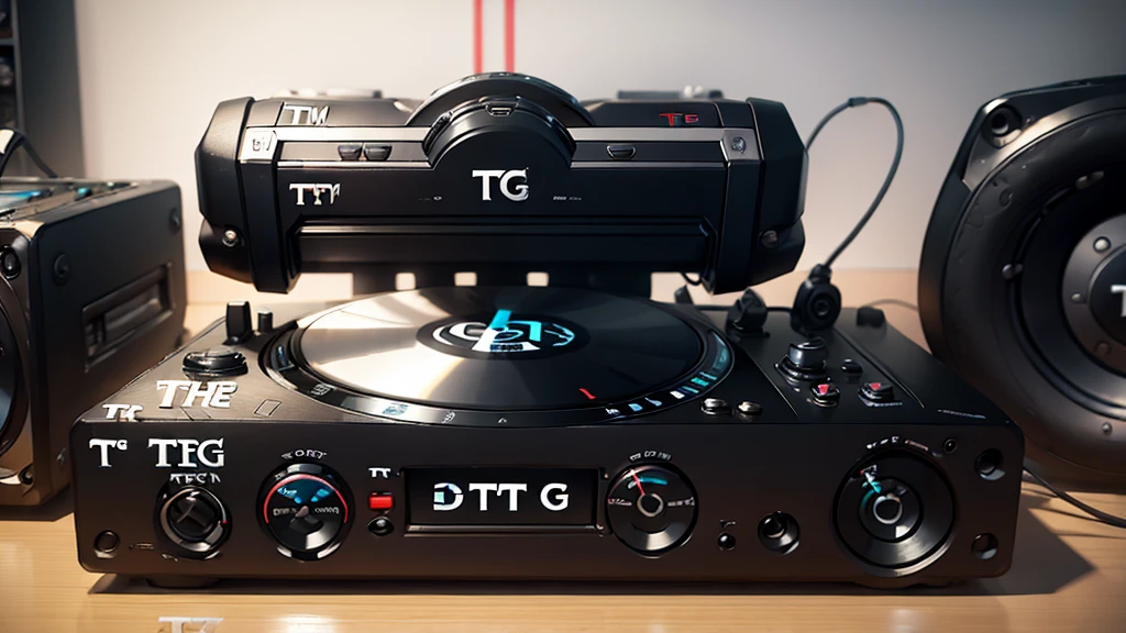 (DTG: 1.8), (DTG letters: 1.8), (Three letters: 1.8), DJ set, Music, cassette, CD Player, Futuristic device for music playing, Music reproducer, Lo-fi, writing, abstract, colorful, high resolution, high quality, neon colors, dark grey background, black grey grdient