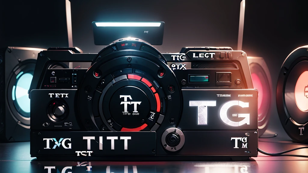 (DTG: 1.8), (DTG letters: 1.8), (Three letters: 1.8), DJ set, Music, cassette, CD Player, Futuristic device for music playing, Music reproducer, Lo-fi, writing, abstract, colorful, high resolution, high quality, neon colors, dark grey background, black grey grdient