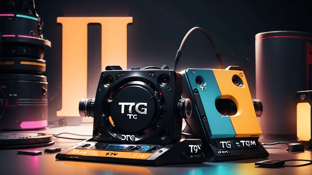 (DTG: 1.8), (DTG letters: 1.8), (Three letters: 1.8), DJ set, Music, cassette, CD Player, Futuristic device for music playing, Music reproducer, Lo-fi, writing, abstract, colorful, high resolution, high quality, neon colors, dark grey background, black grey grdient