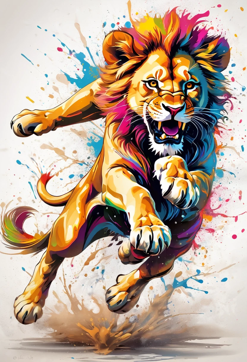 paint splash, Patrick Murciano Style, (cute lion running: 1.3), ink art, lateral view, Hip hop fashion design style,