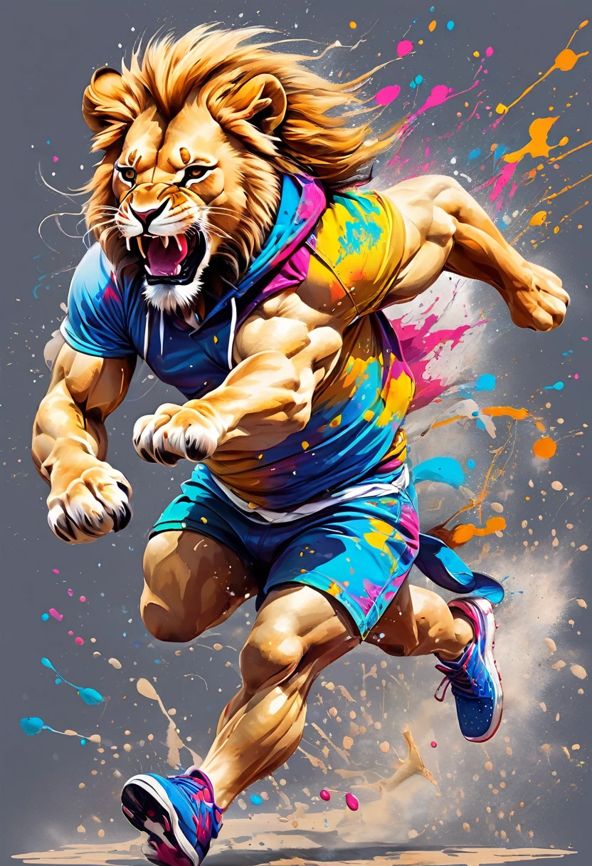 paint splash, Patrick Murciano Style, (cute lion running: 1.3), ink art, lateral view, Hip hop fashion design style,