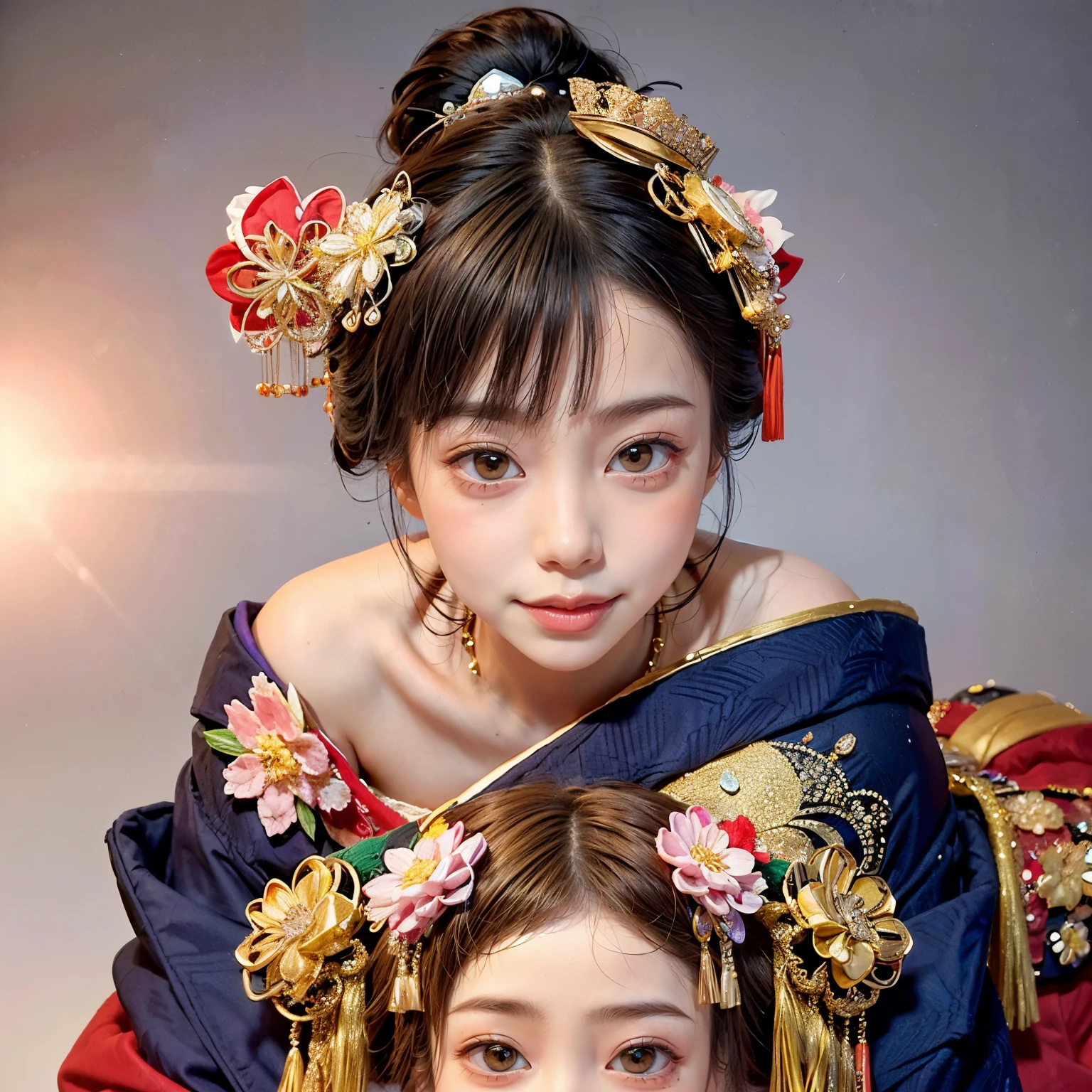 (PUNIPUNI clavicle KIMONO offshoulder KANZASHI flower Hairpin Twin Topknot Bun Oiran-Hair)High-level, 8K Masterpiece TopQuality, Ultra-detailed CG, Absurd detailed wallpaper, PerfectLighting, Extremely detailed (((Personifying " OIRAN " as a KAWAII Girl))), Characteristic Items, aesthetic LifeLike Rendering, MysticSight, Haze Tyndall Scattering, (Studio GRAY Background with (Oodles Dazzling Iridescent Particles (BokeH))), (((Assfocus)) RoundlyButt) ThighGap, (Exposed:0.44) 🔞 BREAK (Acutance:0.8), (NOGIZAKA FaceVariations) Extremely Detailed very KAWAII FaceVariations, Childish CaptivatingGaze ElaboratePupils Detailed Eyes with (SparklingHighlights:1.28), (Voluminous LongEyelashes:0.88)、Glossy RedLips with beautiful details, CoquettishTongue, PUNIPUNI RosyCheeks, Radiant PearlSkin with Transparency, Glowing DowneyHair . { (Dynamic LifeLike expressions:1.4) | (:d) }, (large eyes:-1) .