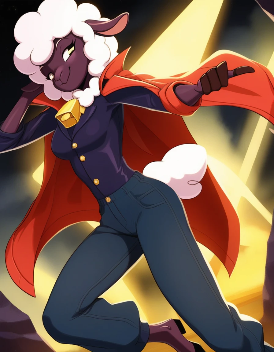 Best quality, Super detailed illustration, Warm colors, perfect lighting, (anthro girl sheep:1.6), wearing a coat with a strap, pants, smug smile, happy mood , slim, Perfect body,